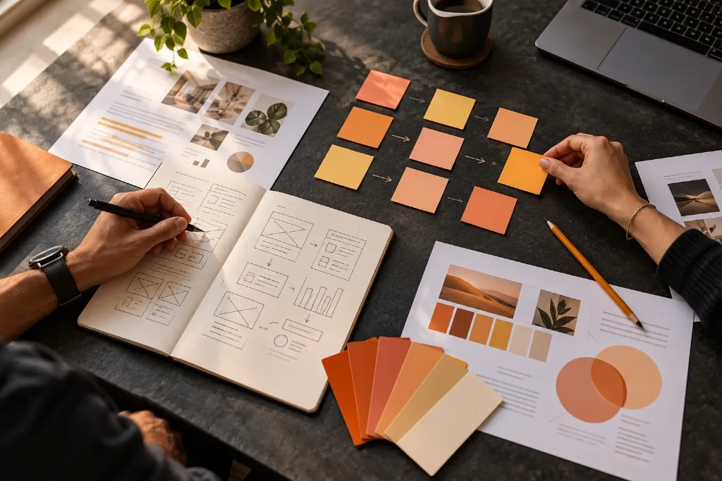 Hands sketching wireframes and arranging colour swatches and sticky notes during a brand strategy session